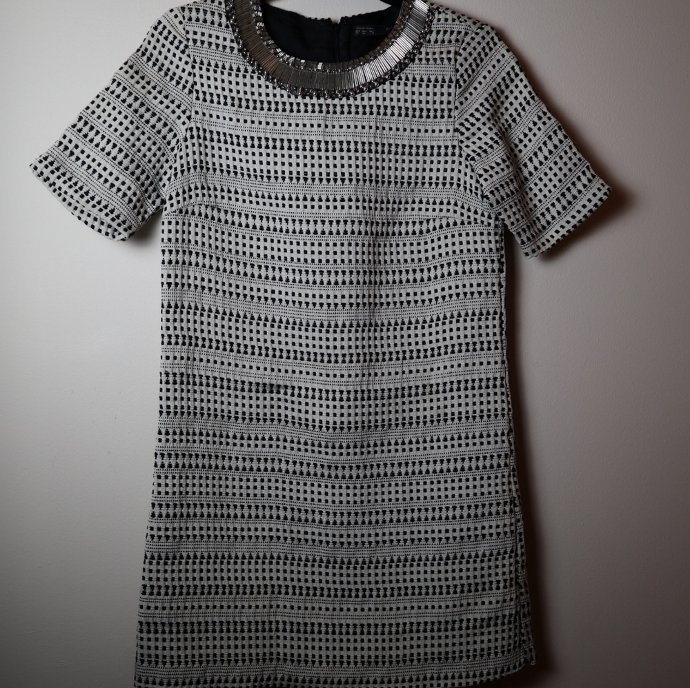 Zara XS dress with silver beaded neck line black and cream